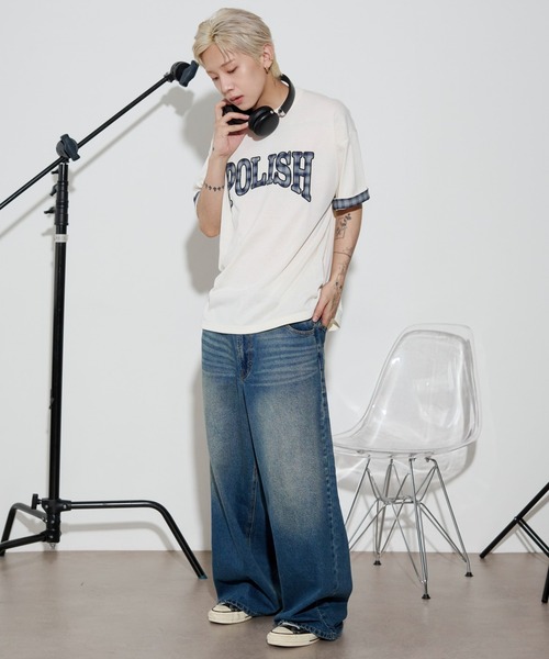 WEGO(ウィゴー)の「WEGO/チェックディテールロゴTシャツ(Tシャツ/カットソー・メンズ・ホワイト/ネイビー/スミクロ・MEDIUM/LARGE)」の4枚目の写真