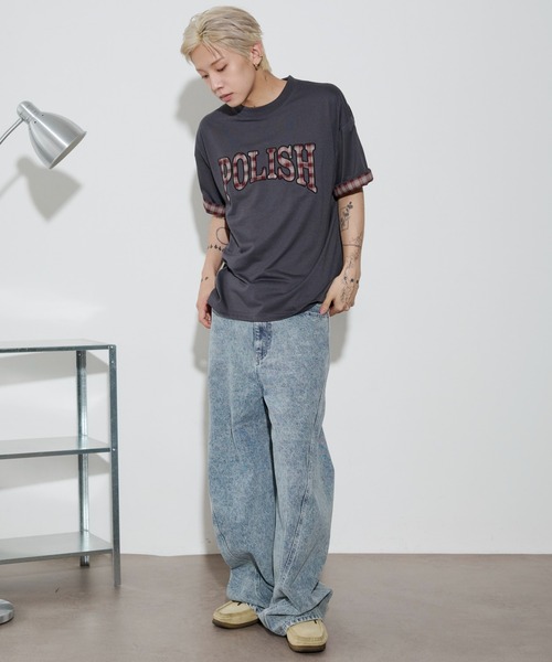 WEGO(ウィゴー)の「WEGO/チェックディテールロゴTシャツ(Tシャツ/カットソー・メンズ・ホワイト/ネイビー/スミクロ・MEDIUM/LARGE)」の5枚目の写真