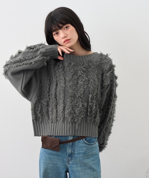 NOGLE（ノグル）の「【NOGLE/ノグル】ケーブルフリンジコンパクトクルーニット（ニット/セーター・レディース・ブラック/グレー/ブルー・FREE）」の14枚目の写真