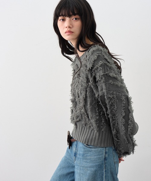 NOGLE（ノグル）の「【NOGLE/ノグル】ケーブルフリンジコンパクトクルーニット（ニット/セーター・レディース・ブラック/グレー/ブルー・FREE）」の20枚目の写真