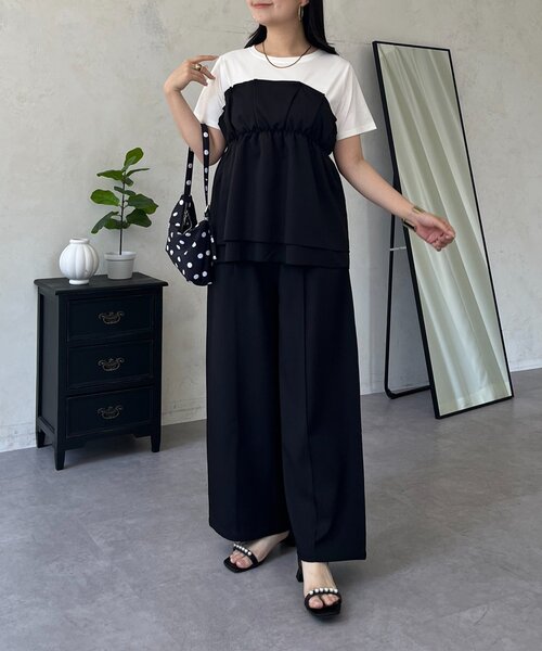 prose verse(プロズヴェール)の「【セットアップ】ペプラムビスチェドッキングTシャツ×ワイドパンツ(つなぎ/オールインワン・レディース・ブラック・PL/PM/MEDIUM/LARGE)」の6枚目の写真