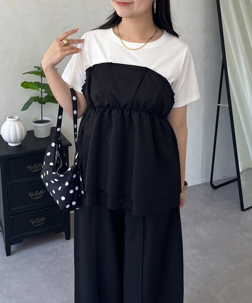 prose verse(プロズヴェール)の「【セットアップ】ペプラムビスチェドッキングTシャツ×ワイドパンツ(つなぎ/オールインワン・レディース・ブラック・PL/PM/MEDIUM/LARGE)」の11枚目の写真