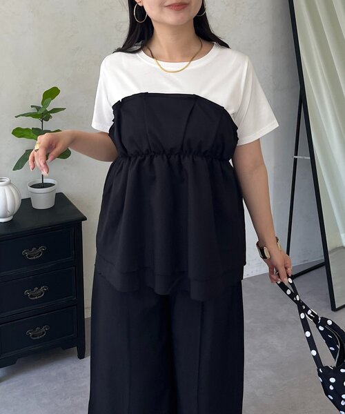 prose verse(プロズヴェール)の「【セットアップ】ペプラムビスチェドッキングTシャツ×ワイドパンツ(つなぎ/オールインワン・レディース・ブラック・PL/PM/MEDIUM/LARGE)」の15枚目の写真