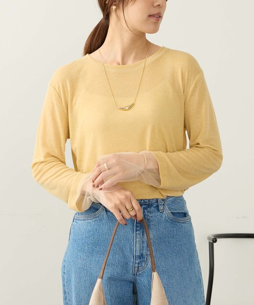 Aunely(オーネリー)の「【Aunely】さらっとエアリーチュールスリーブシアープルオーバー〈YOSOOIシリーズ〉(Tシャツ/カットソー・レディース・グレイッシュブルー/グレー系/イエロー/ホワイト系/オフホワイト/ホワイト系2/ブラック・M/L)」の21枚目の写真