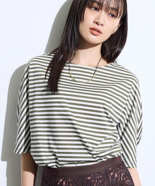 INDIVI(インディヴィ)の「【体型カバー】ボーダードルマントップス(Tシャツ/カットソー・レディース・オリーブ系2/ベージュ系2/ネイビー系2/ダークブラウン系2・05/13/34/15 /38)」の1枚目の写真