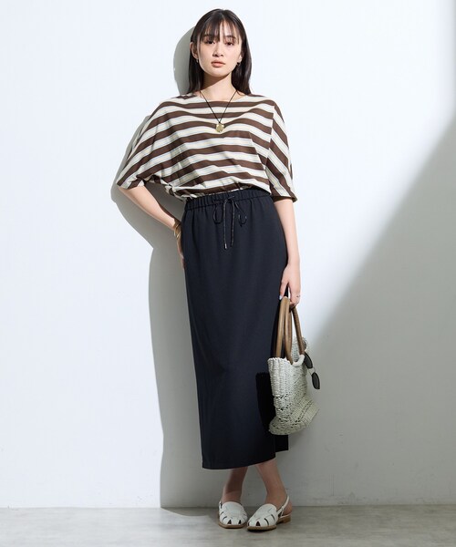 INDIVI(インディヴィ)の「【体型カバー】ボーダードルマントップス(Tシャツ/カットソー・レディース・オリーブ系2/ベージュ系2/ネイビー系2/ダークブラウン系2・05/13/34/15 /38)」の11枚目の写真