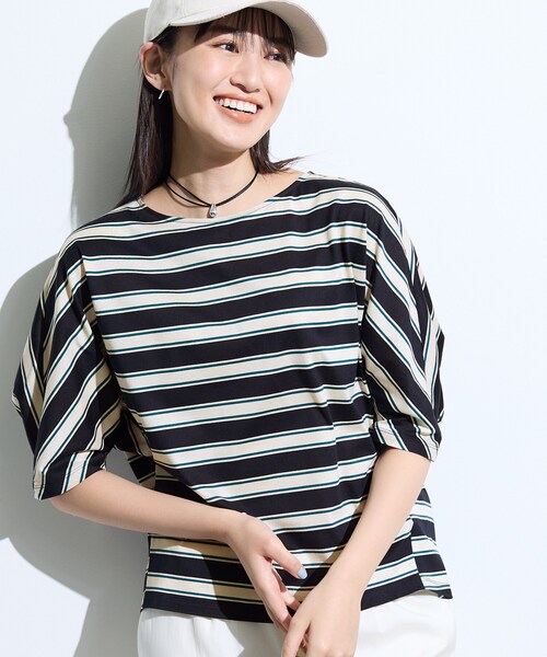 INDIVI(インディヴィ)の「【体型カバー】ボーダードルマントップス(Tシャツ/カットソー・レディース・オリーブ系2/ベージュ系2/ネイビー系2/ダークブラウン系2・05/13/34/15 /38)」の18枚目の写真