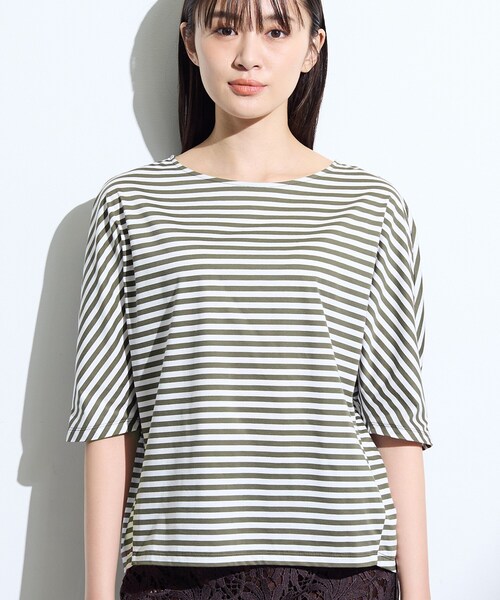 INDIVI(インディヴィ)の「【体型カバー】ボーダードルマントップス(Tシャツ/カットソー・レディース・オリーブ系2/ベージュ系2/ネイビー系2/ダークブラウン系2・05/13/34/15 /38)」の22枚目の写真