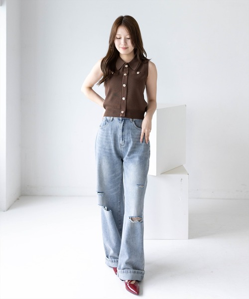 CLEAR BASIC（クリアベーシック）の「ゴールドボタンノースリーブニットトップス［骨格ウェーブ／きれいめ／上品／フェミニン／大人カジュアル］（ニット/セーター・レディース・ブラウン/ボルドー/グレー/ピンク/グレー系その他・F）」の15枚目の写真
