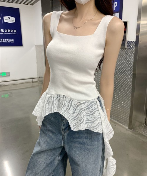 HALEY PESCA（ヘーリーペスカ）の「HALEY PESCA/裾レースドッキング スクエアネックタンクトップ（タンクトップ・レディース・ホワイト/ブラック・FREE）」の3枚目の写真