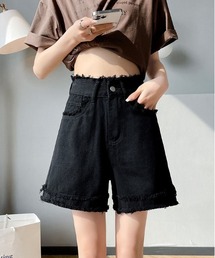 裾レイヤードフリンジデニムショートパンツ