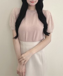 袖フェザー装飾飛ばしニット