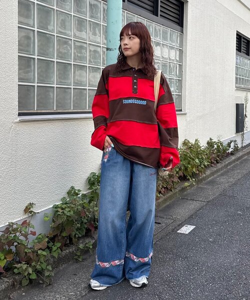 SOUNDSGOOOOD(サウンズグッド)の「【SOUNDS GOOOOD】オーバーサイズボーダーラガーシャツ(Tシャツ/カットソー・メンズ・レッド/グリーン・ONE SIZE)」の3枚目の写真