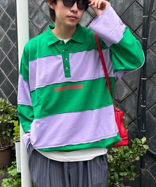 SOUNDSGOOOOD(サウンズグッド)の「【SOUNDS GOOOOD】オーバーサイズボーダーラガーシャツ(Tシャツ/カットソー・メンズ・レッド/グリーン・ONE SIZE)」の5枚目の写真
