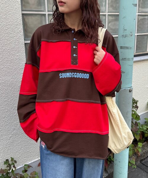 SOUNDSGOOOOD(サウンズグッド)の「【SOUNDS GOOOOD】オーバーサイズボーダーラガーシャツ(Tシャツ/カットソー・メンズ・レッド/グリーン・ONE SIZE)」の15枚目の写真