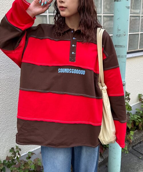 SOUNDSGOOOOD(サウンズグッド)の「【SOUNDS GOOOOD】オーバーサイズボーダーラガーシャツ(Tシャツ/カットソー・メンズ・レッド/グリーン・ONE SIZE)」の16枚目の写真