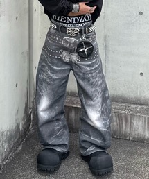 Never mind the XU（ネバーマインドザエックスユー）の「【Never mind the XU】belt print wide curved denim Pants / 【ネバーマインド ザ エックスユー】ベルトプリントワイドカーブデニムパンツ（デニムパンツ）」