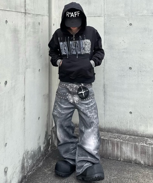 デニムパンツ SUPER SUN HEATMODE ZeeNuNew Never mind the XU】belt print wide curved denim Pants / 【ネバー