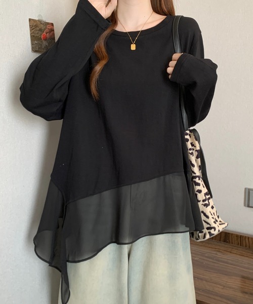 witch(ウイッチ)の「裾にシアーレイヤード風デザイン長袖トップス(Tシャツ/カットソー・レディース・ブラック/ホワイト・FREE)」の1枚目の写真