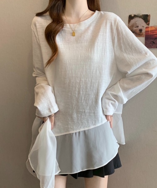 witch(ウイッチ)の「裾にシアーレイヤード風デザイン長袖トップス(Tシャツ/カットソー・レディース・ブラック/ホワイト・FREE)」の4枚目の写真