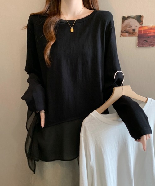 witch(ウイッチ)の「裾にシアーレイヤード風デザイン長袖トップス(Tシャツ/カットソー・レディース・ブラック/ホワイト・FREE)」の6枚目の写真