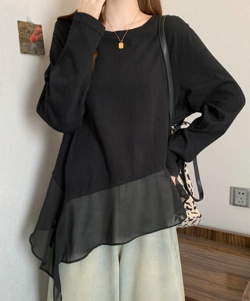 witch(ウイッチ)の「裾にシアーレイヤード風デザイン長袖トップス(Tシャツ/カットソー・レディース・ブラック/ホワイト・FREE)」の7枚目の写真
