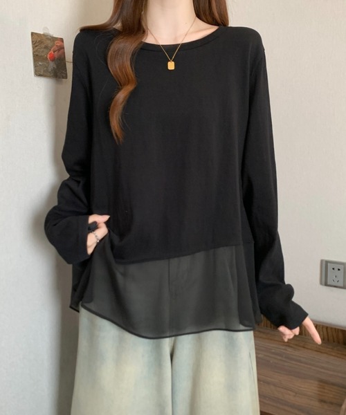 witch(ウイッチ)の「裾にシアーレイヤード風デザイン長袖トップス(Tシャツ/カットソー・レディース・ブラック/ホワイト・FREE)」の8枚目の写真