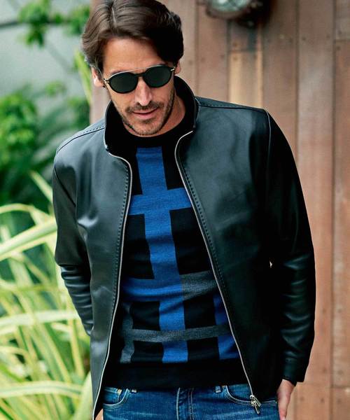 美品　メンズビギ　ラムレザー　シングルライダース　レザージャケット　M　ネイビー MEN'S BIGI（メンズビギ）の「【週刊文春10月25日号】高橋克典さん着用