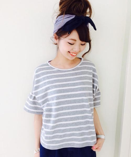 Kastane(カスタネ)の「【Kastane】袖フレアーボーダーTOPS(Tシャツ/カットソー・レディース・レッド/ブラック/グレー/その他/ホワイト・FREE)」の3枚目の写真