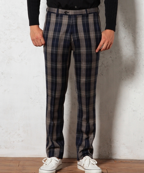 green label relaxing（グリーンレーベルリラクシング）の「□WOOL TTN/CHK SLIM NP パンツ ◆（その他パンツ・メンズ・グレー/ネイビー・MEDIUM/X-LARGE/LARGE/SMALL）」の8枚目の写真