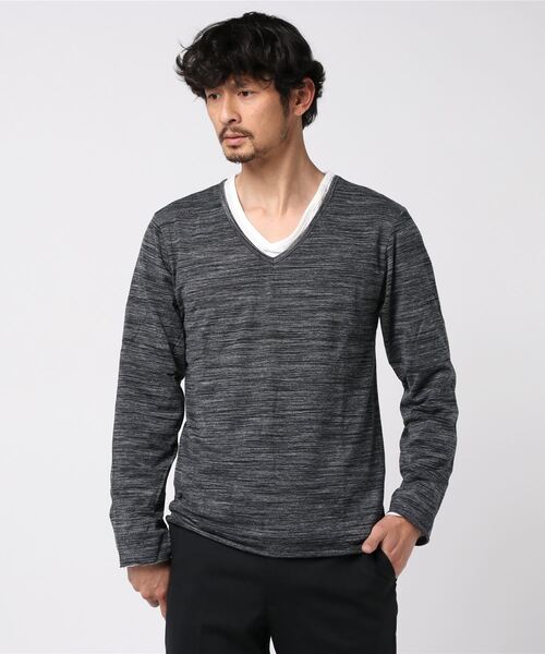 Bling Leads（ブリングリーズ）の「アンサンブル Vネック ロング Tシャツ（Tシャツ/カットソー・メンズ・ネイビー/グレー/ホワイト/ブラック・M/L/XL）」の3枚目の写真