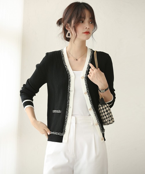 SAISON DE PAPILLON（セゾンドパピヨン）の「フリンジ切り替えバイカラーニットカーディガン（カーディガン/ボレロ・レディース・ホワイト/ブラック・L/M）」の16枚目の写真