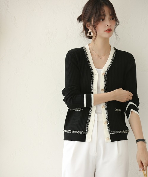 SAISON DE PAPILLON（セゾンドパピヨン）の「フリンジ切り替えバイカラーニットカーディガン（カーディガン/ボレロ・レディース・ホワイト/ブラック・L/M）」の21枚目の写真