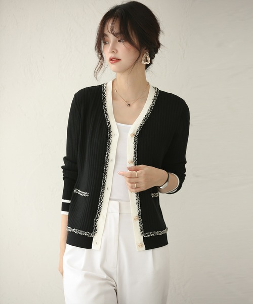 SAISON DE PAPILLON（セゾンドパピヨン）の「フリンジ切り替えバイカラーニットカーディガン（カーディガン/ボレロ・レディース・ホワイト/ブラック・L/M）」の22枚目の写真