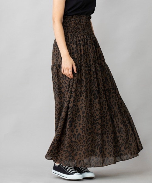 Munich（ミューニック）の「レオパードプリントツイルシフォン　シャーリングマキシスカート（スカート・レディース・ダークブラウン/アイボリー・FREE）」の9枚目の写真