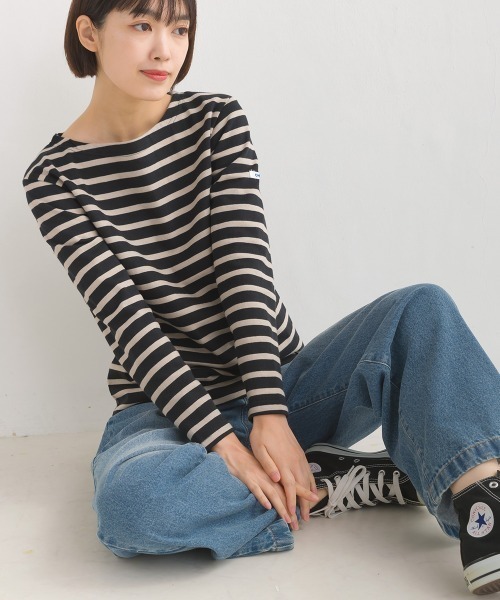 OMNES（オムネス）の「【ユニセックス】バスク生地　ボートネック長袖Tシャツ（Tシャツ/カットソー・レディース・ホワイト/ブラック/ベージュ/グレー/ホワイト×グレー/ホワイト系その他/ブラック系その他/ホワイト×ネイビー/ネイビー/ブラック系/ベージュ系その他/ホワイト×ブルー・SMALL/MEDIUM/LARGE/X-LARGE/XX-LARGE）」の7枚目の写真