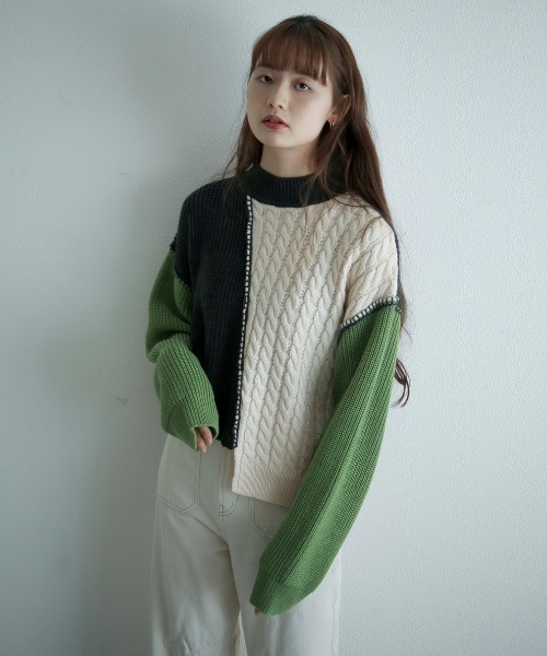 spoon store（スプーンストア）の「配色ニット（ニット/セーター・レディース・グリーン/マスタード・フリー）」の2枚目の写真