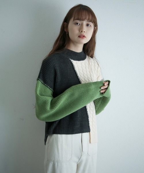 spoon store（スプーンストア）の「配色ニット（ニット/セーター・レディース・グリーン/マスタード・フリー）」の3枚目の写真