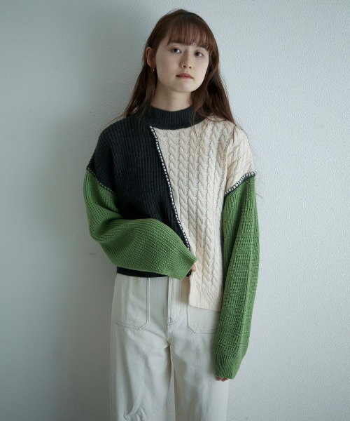 spoon store（スプーンストア）の「配色ニット（ニット/セーター・レディース・グリーン/マスタード・フリー）」の4枚目の写真