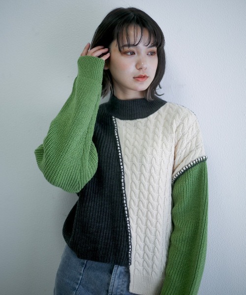 spoon store（スプーンストア）の「配色ニット（ニット/セーター・レディース・グリーン/マスタード・フリー）」の7枚目の写真