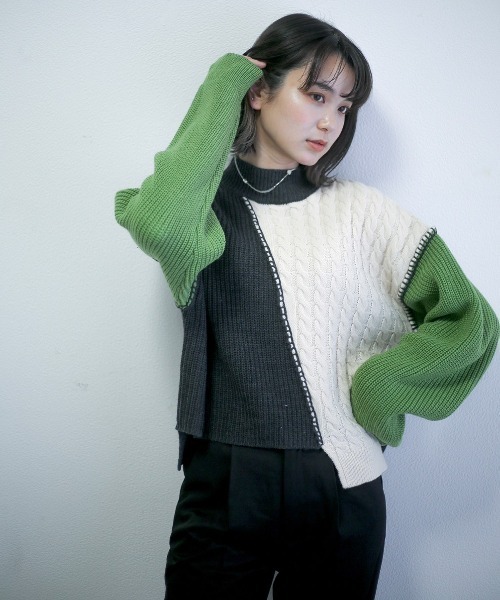 spoon store（スプーンストア）の「配色ニット（ニット/セーター・レディース・グリーン/マスタード・フリー）」の6枚目の写真