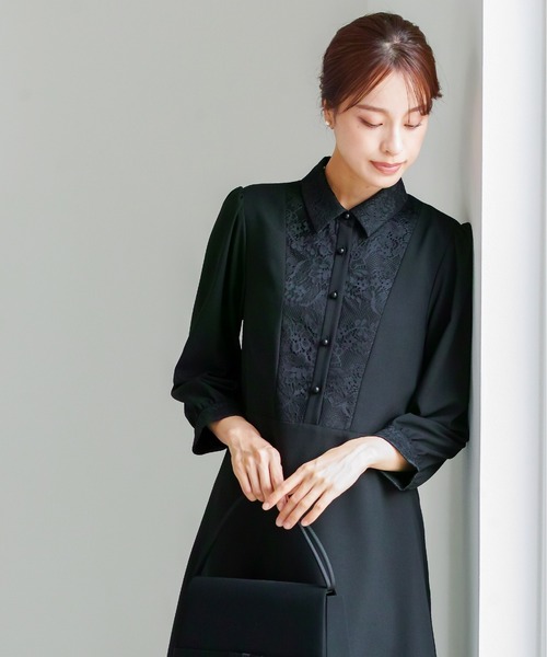 WHITE JOOLA(ホワイトジョーラ)の「喪服・礼服【洗えるフォーマル】胸元レース切り替えデザインブラックフォーマルワンピース(ワンピース・レディース・ブラック・11号/9号/13号/7号/15号)」の9枚目の写真