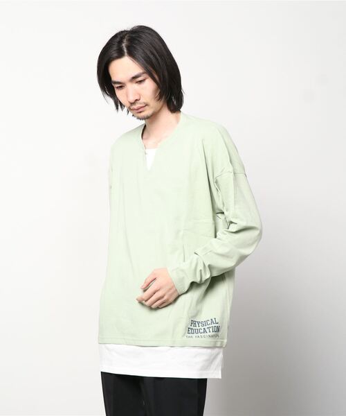 SHISKY(シスキー)の「フェイクレイヤード ビッグ ロンT(Tシャツ/カットソー・メンズ・チャコール/杢グレー/ライトグリーン系/ブルー/ベージュ/ミント/ネイビー/ネイビー系/ベージュ系/グリーン/ブラック・L/XL/M)」の19枚目の写真