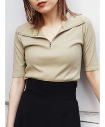 ハーフジップタイトテレコトップス