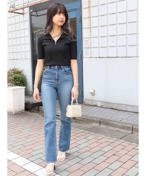 MURUA（ムルーア）の「ハーフジップタイトテレコトップス（ポロシャツ・レディース・ホワイト/ブラック/ベージュ/グリーン・FREE）」の17枚目の写真