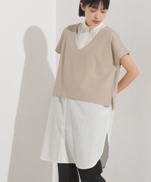 OMNES（オムネス）の「製品洗いレイヤードシャツフレンチスリーブワンピース（ワンピース・レディース・ブラック/ベージュ/オレンジ/アイボリー・FREE）」の3枚目の写真