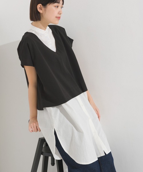 OMNES（オムネス）の「製品洗いレイヤードシャツフレンチスリーブワンピース（ワンピース・レディース・ブラック/ベージュ/オレンジ/アイボリー・FREE）」の2枚目の写真