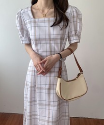 バックリボンスクエアネックチェックワンピース