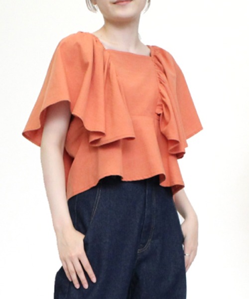 STYLEBLOCK（スタイルブロック）の「リネンタッチスラブ前後2WAYフリルブラウス（シャツ/ブラウス・レディース・ホワイト/ブラック/オレンジ/ラベンダー・M）」の4枚目の写真