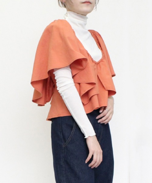 STYLEBLOCK（スタイルブロック）の「リネンタッチスラブ前後2WAYフリルブラウス（シャツ/ブラウス・レディース・ホワイト/ブラック/オレンジ/ラベンダー・M）」の8枚目の写真